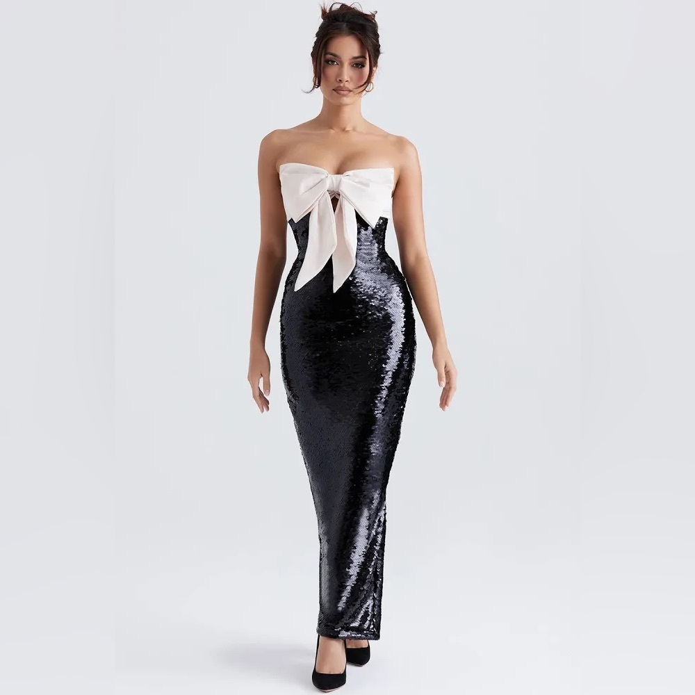 House of CB Black & White Holly Sequin Strapless Maxi Bow Dress (Size Small)